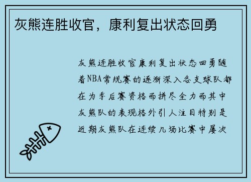 灰熊连胜收官，康利复出状态回勇