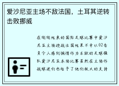 爱沙尼亚主场不敌法国，土耳其逆转击败挪威