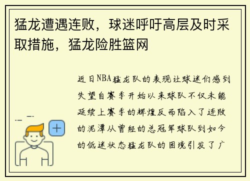 猛龙遭遇连败，球迷呼吁高层及时采取措施，猛龙险胜篮网
